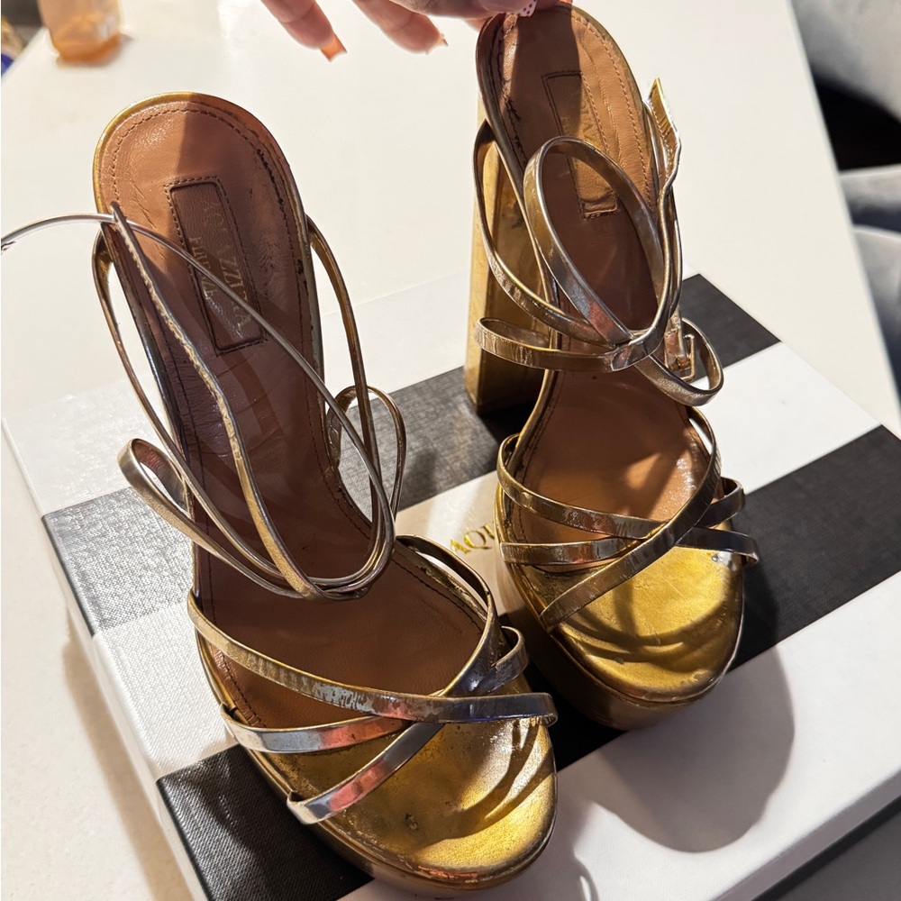 Aquazzura Gold and Silver Strappy Heels